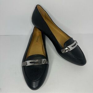 Coach Womens Ruthie Black Leather-Silver Logo-Moc Toe Slip On Loafer Flats- US 6